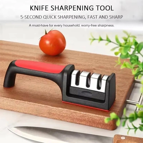 Enhance your kitchen efficiency with our handheld multifunctional knife sharpener. Featuring a 3-stage sharpening system and a non-slip base