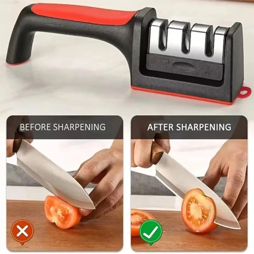 Enhance your kitchen efficiency with our handheld multifunctional knife sharpener. Featuring a 3-stage sharpening system and a non-slip base