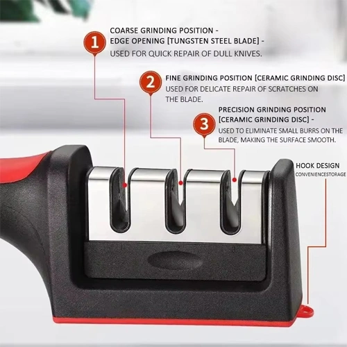 Enhance your kitchen efficiency with our handheld multifunctional knife sharpener. Featuring a 3-stage sharpening system and a non-slip base